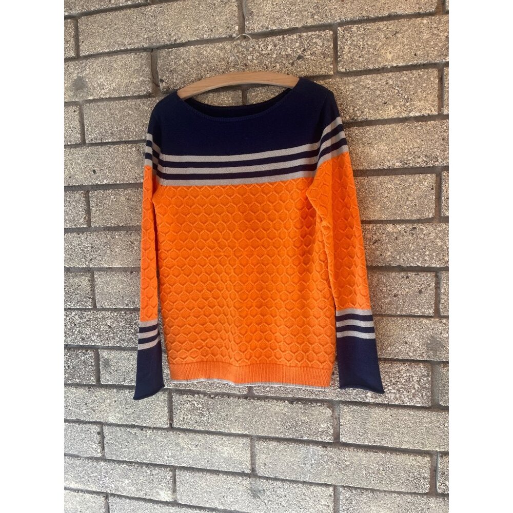 Orange & Navy Honeycomb Knit Sweater With Striped Accents Long Sleeves Crew Neck